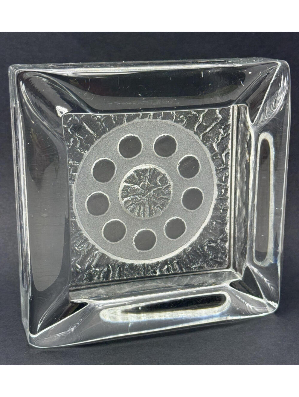 MCM Scandinavian Heavy Art Glass Ashtray Pin Wheel Iceberg Ice Paul Isling Nybro